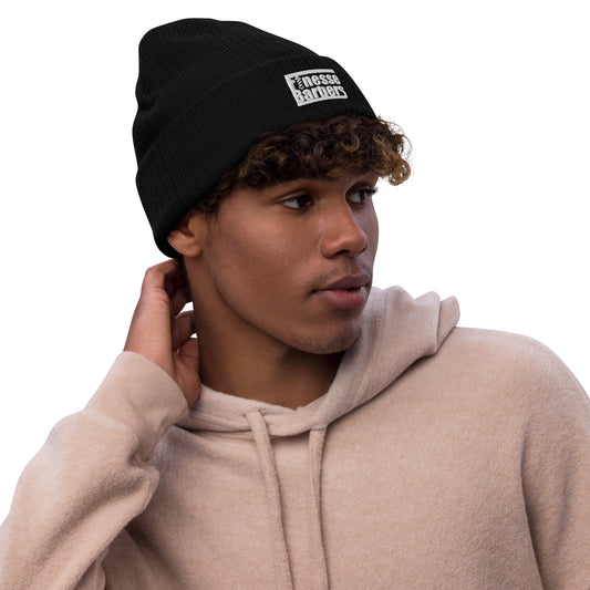 White Logo finesse Barbers Ribbed knit beanie